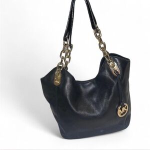 Michael Kors Black Leather Shoulder Bag with Gold Accents